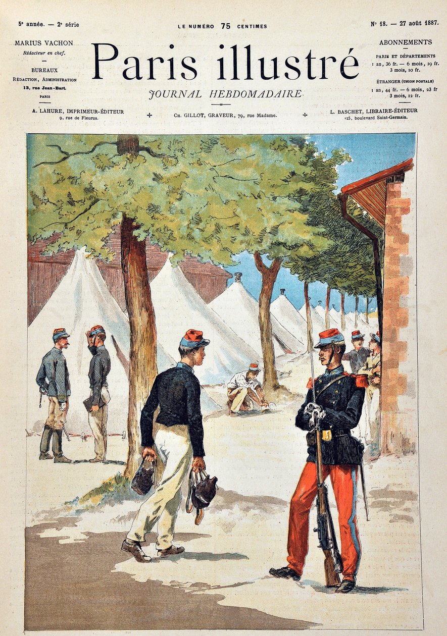 Eleverne på skolen Saint-Cyr (Saint Cyr) i Chalons-lejren. Indgravering fra 1887 i "" Paris-Illustrous journal weekly"". af Anonymous Anonymous