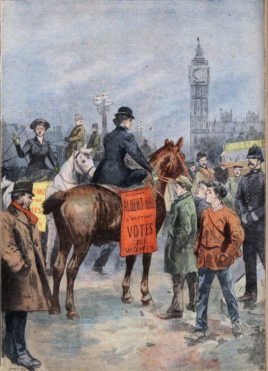 Suffragetterne rejser rundt i London på hesteryg. Gravering fra avisen "" Le Petite Parisien"" af Anonymous Anonymous