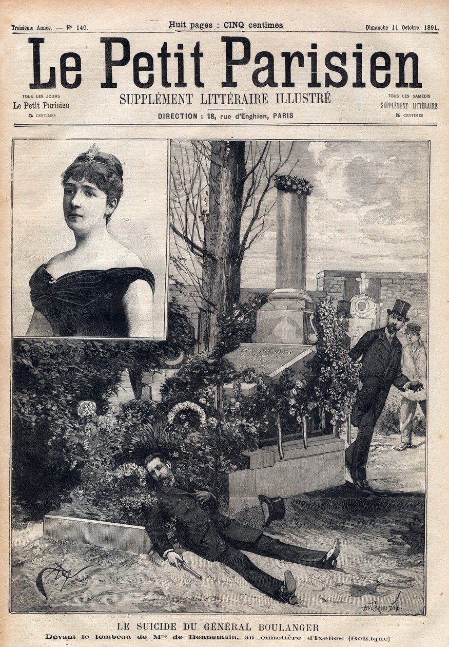 General Georges Boulangers (1837-1891) selvmord på kirkegården i Ixelles i Belgien foran Madame Bonnemains