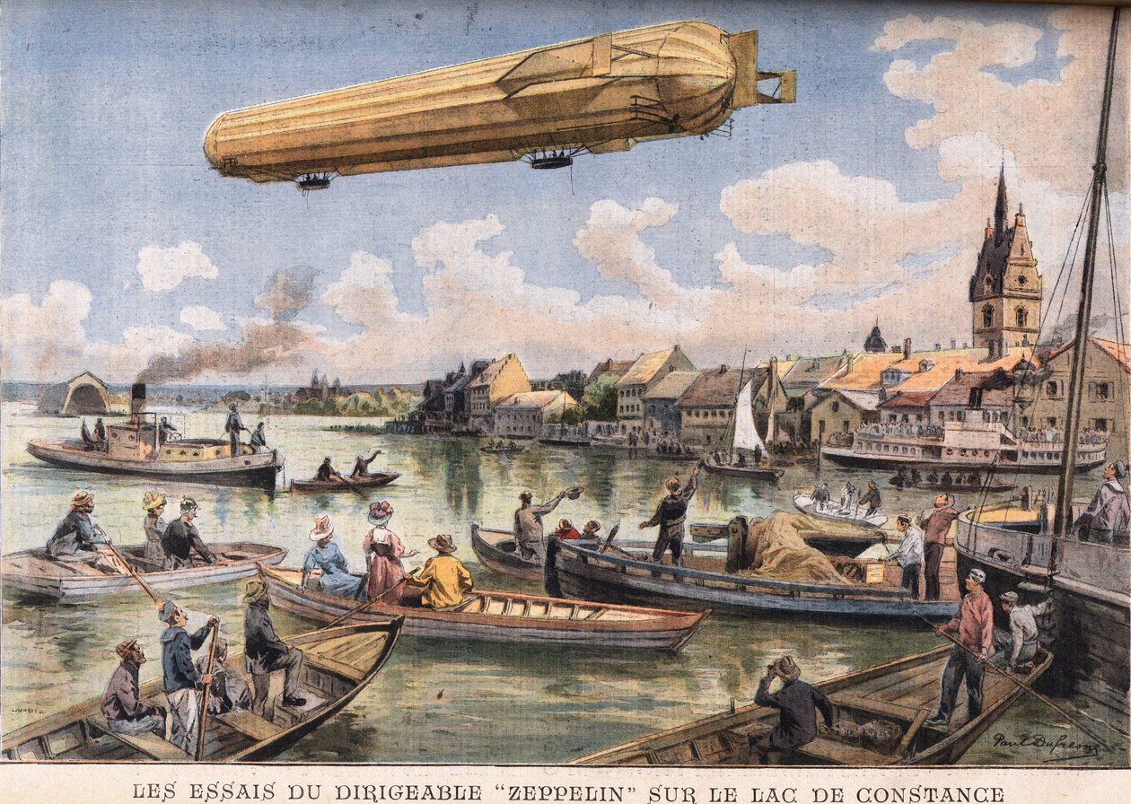 Testene af Zeppelin-luftskibet på Bodensøen i Tyskland. Gravering fra avisen "" Le Peute Parisien"", den 2/08/1908. Privat samling. af Anonymous Anonymous