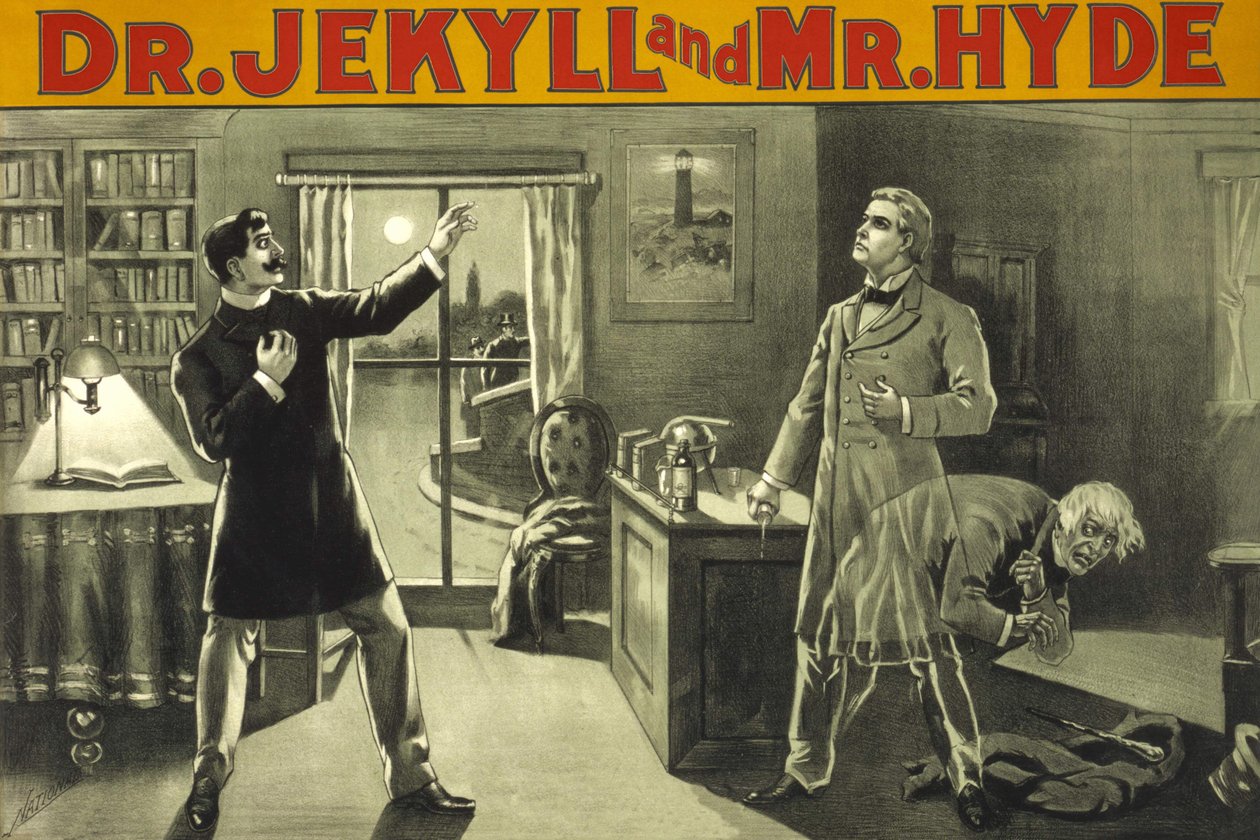 Forvandlingen. "" Doctor Jekyll and Mister Hyde "", Rory of Terror af Robert Louis Stevenson (1886). Amerikansk plakat fra slutningen af 1800-tallet for en teaterforestilling. Privat samling Milano. af Anonymous Anonymous