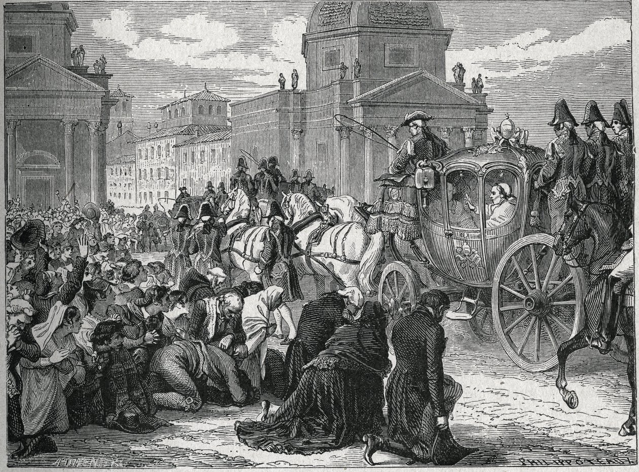 Pave Pius VIIs (Pio) (1742-1823) triumferende indtog i Rom (Roma) den 24. maj 1814. Indgravering af det 19. århundrede. Privat samling. af Anonymous Anonymous