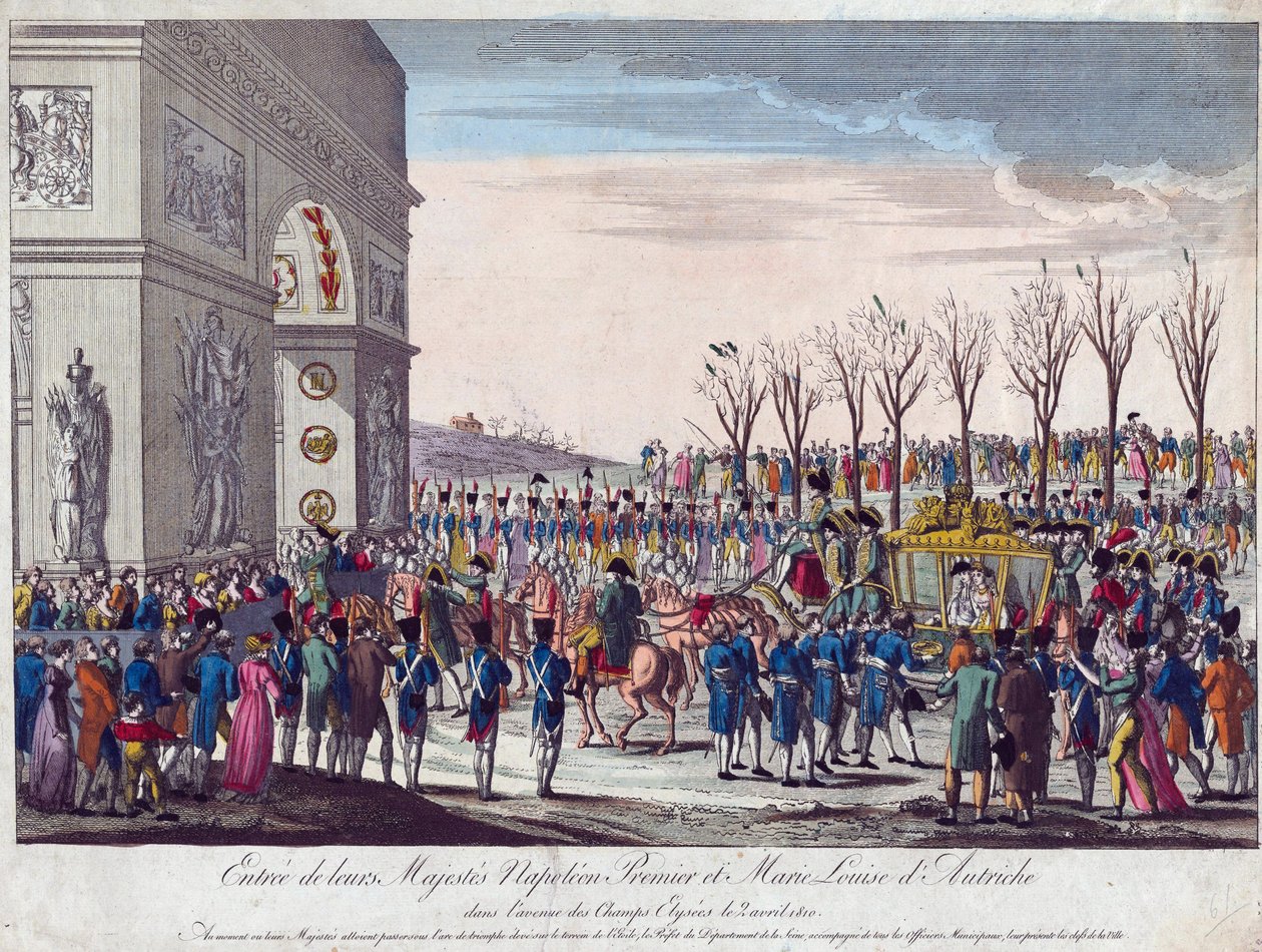 Napoleons og Marie-Louises bryllupsoptog langs Champs Elysees den 2. april 1810 - Anonym - 1810 - Radering, akvarel - 35,3x45,7 - Privat samling af Anonymous Anonymous