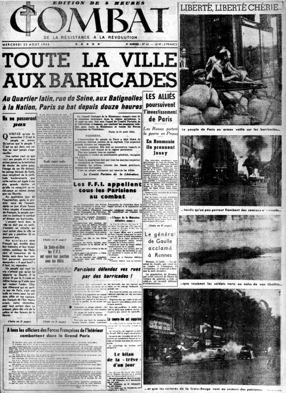 Hele byen ved barrikaderne: befrielse af Paris - i "Combat"" af 23/08/1944, saml. MDJ Bernard. af Anonymous Anonymous