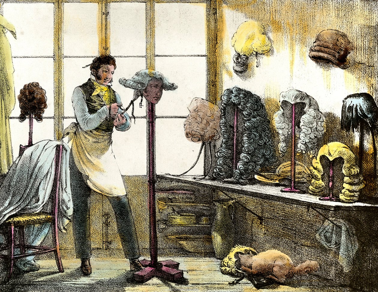 Parykken styler en paryk af en catogan, herrefrisør. Gravering fra spejlshows, breve, medicin osv. Kunsten”” 1821-1823 Privat samling af Anonymous Anonymous
