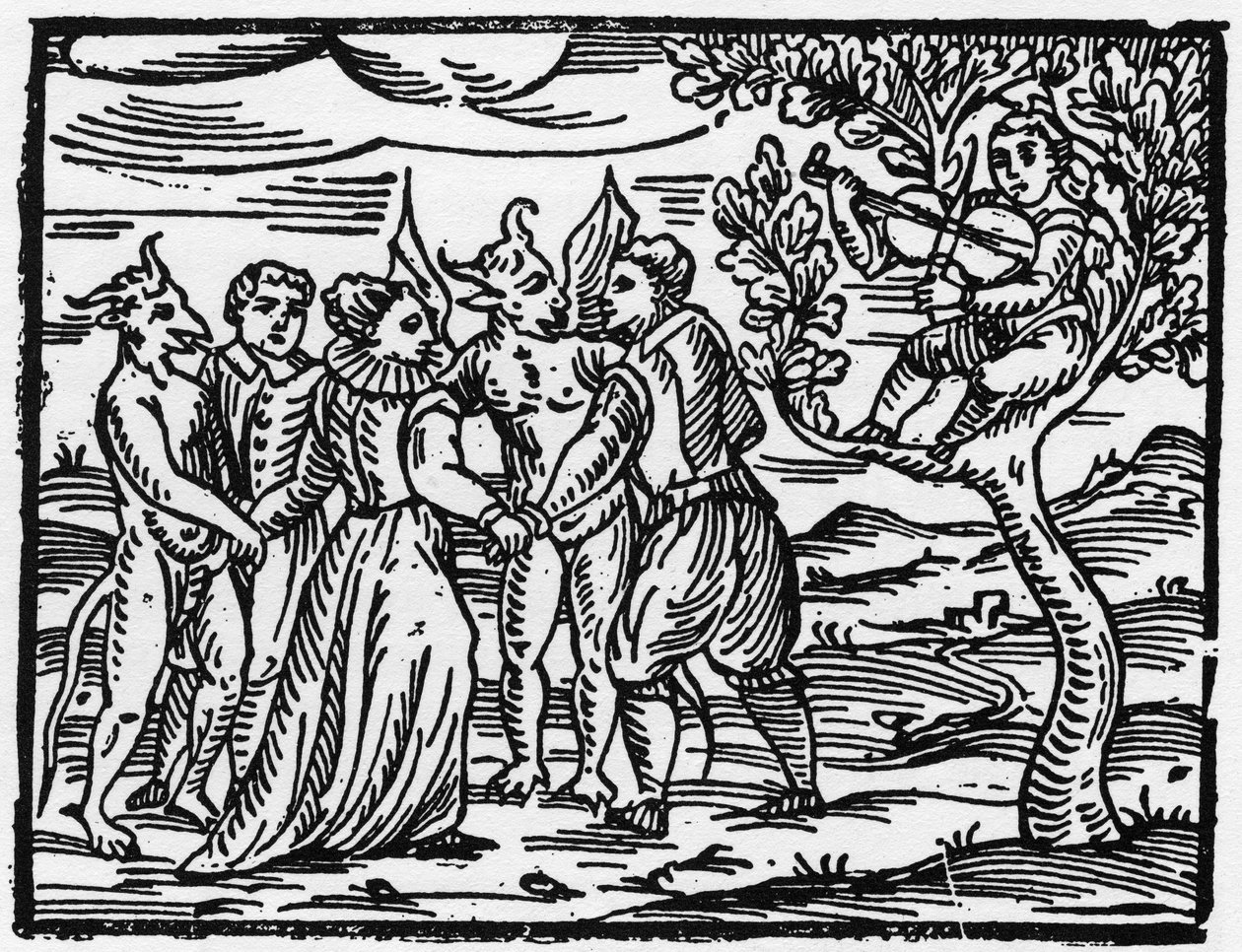 Heksene på sabbatten, der danser til lyden af violinen - "Compendium Maleficarum", handler om heksene, deres ondskab og deres sortileges af Francesco Maria Guazzo eller Guaccio eller Guaccius (15?? -16??) 1608 Privatsamling af Anonymous Anonymous
