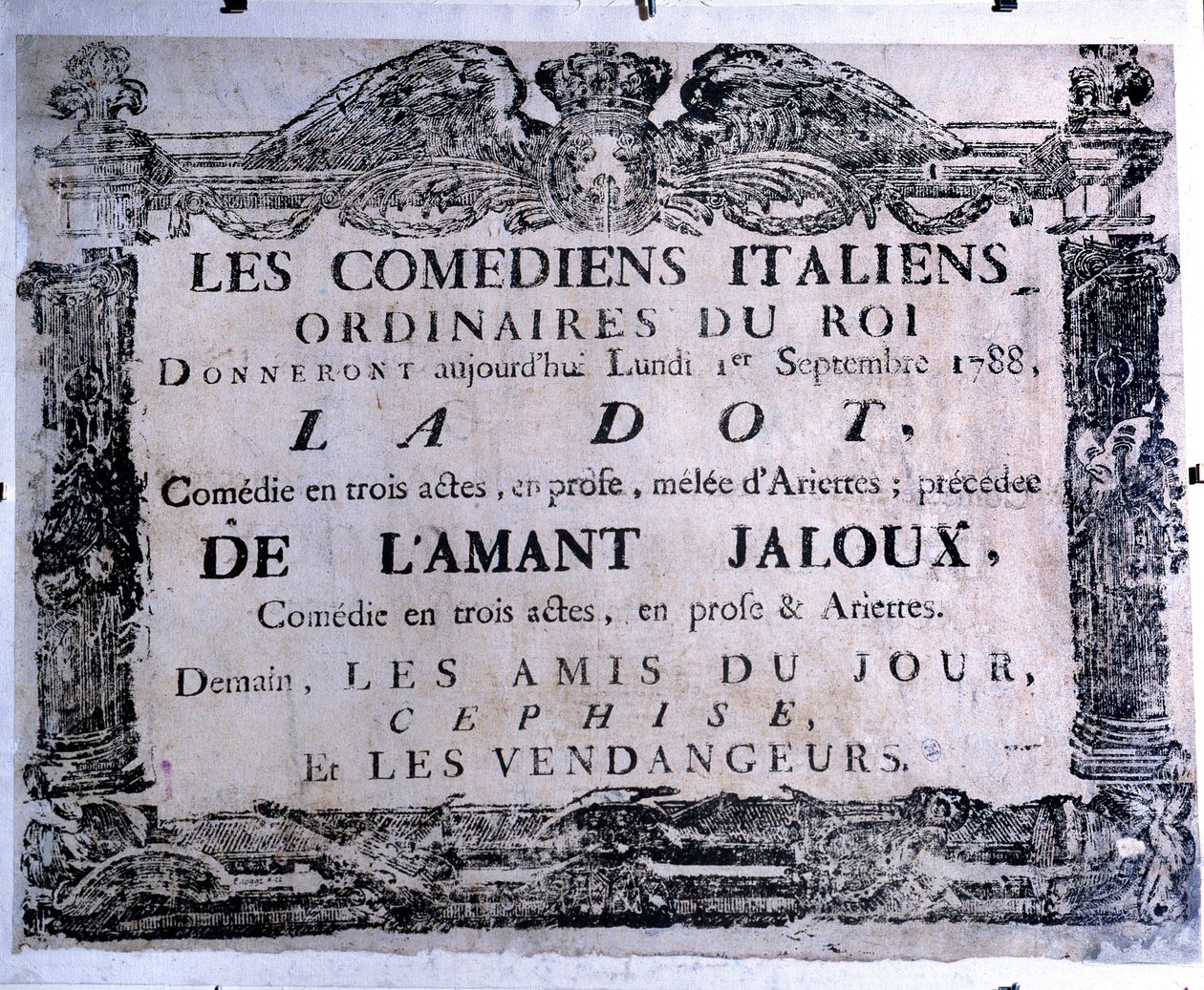 Teaterplakat, der præsenterer stykket "The dot" og "The jealous lover"" fremført af italienske komikere, 01/09/1788. Paris. Carnavalet Museum af Anonymous Anonymous