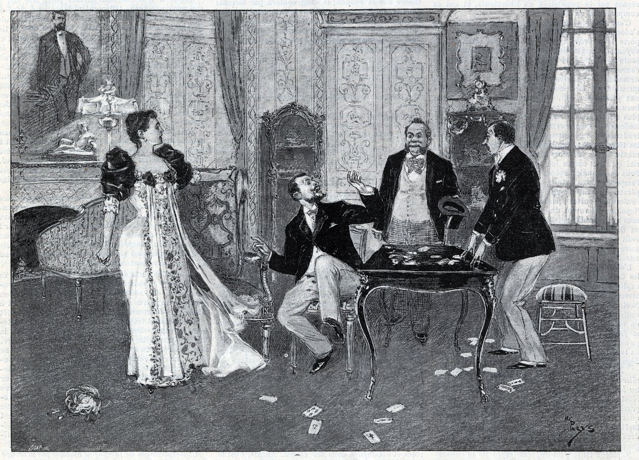 Teaterrepræsentation: "" Systeme Ribadier"", vaudeville af Georges Feydeau (1862-1921) og Maurice Hennequin (1863-1926) i Theatre du Palais-Royal i Paris. Stik i “Le monde illustree”” fra 1892. Privat samling. af Anonymous Anonymous