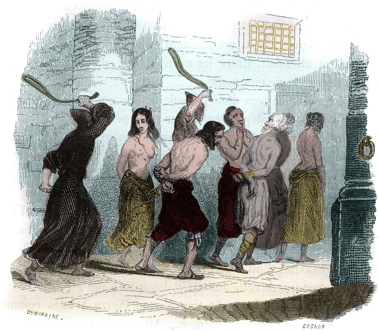 Tortur under inkvisitionen i Spanien i det 16. århundrede: Piskens pine. Illustration i "" Mysteres of the Inquisition and Other Secret Societies of Spain"" Af Victor de Fereal, Suberwick, Manuel Galo de Cuendias. Udgivet af P. Boizard af Anonymous Anonymous