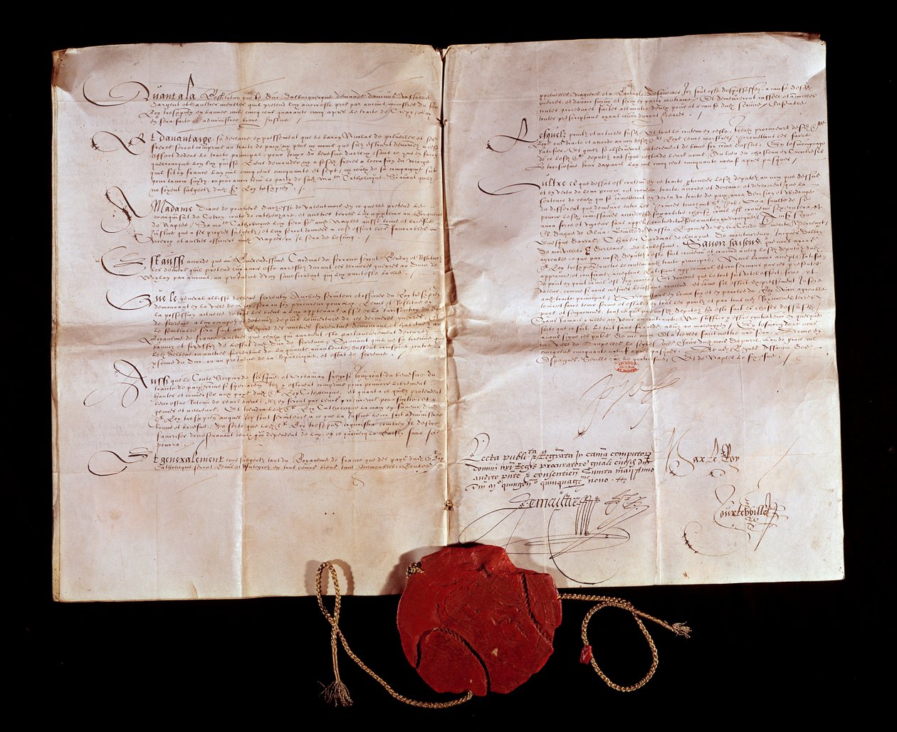 Traktat af Cateau Cambresis (Cateau-Cambresis) mellem Henrik II (1519-1589) og Filip II af Spanien den 3/04/1559. Frankrig returnerer sine italienske territorier til Spanien. Denne handel afsluttede de italienske krige. Paris, Nationalarkivet af Anonymous Anonymous