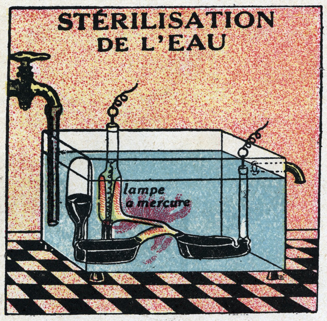 Ultraviolette stråler: sterilisering af vand med ultraviolette stråler. Anonym illustration fra 1925. Privat samling. af Anonymous Anonymous