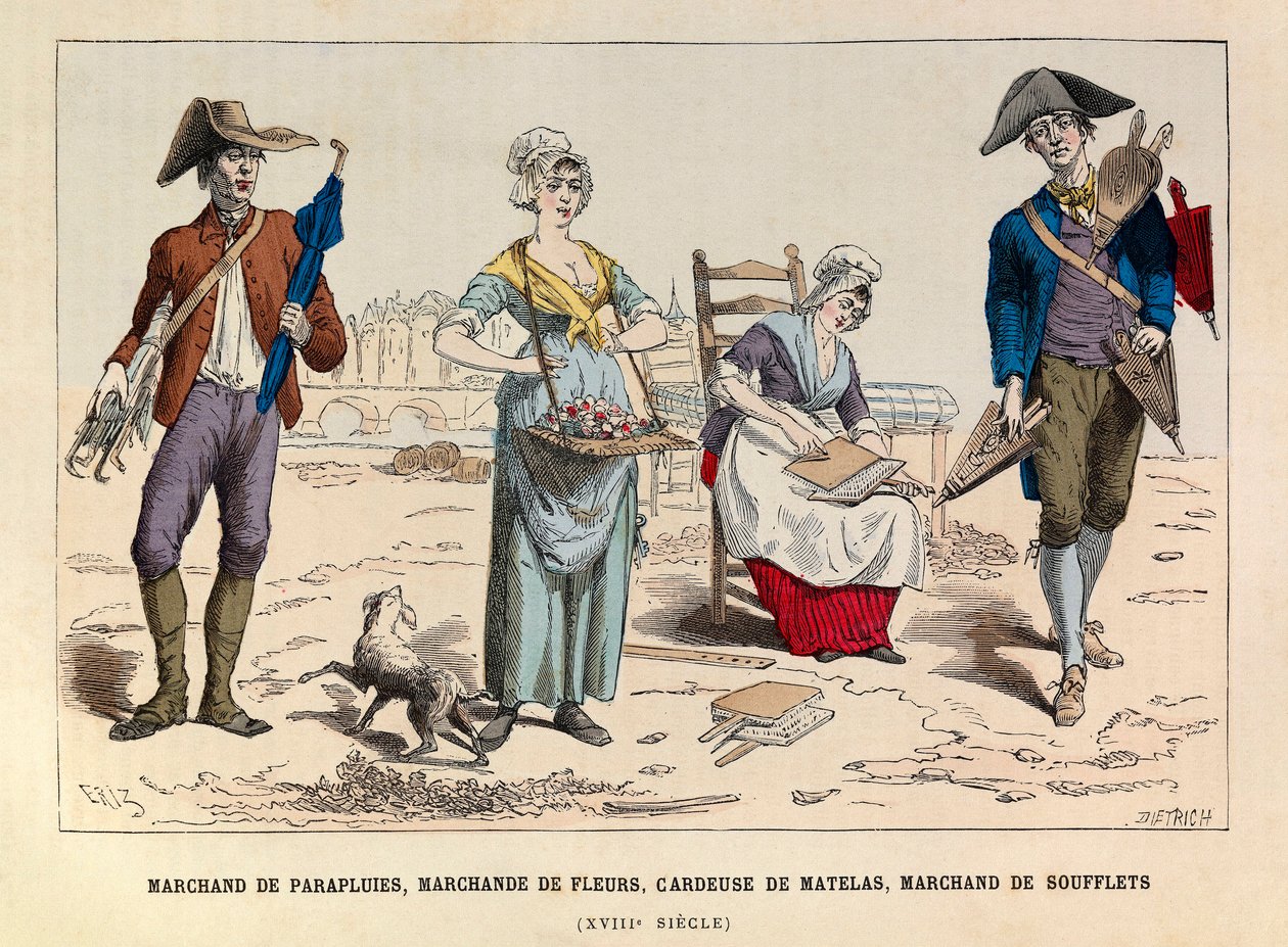 Paraplyhandler, blomsterhandler, madraskarde- og bælghandler i Paris i det 18. århundrede - Paraplysælger, blomstersælger, karder- og bælgesælger hos Paris 18th Century - privat samling af Anonymous Anonymous