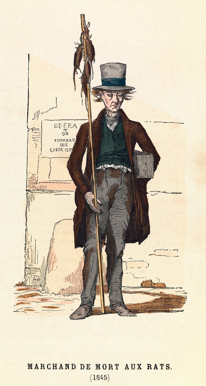 En rottegiftsælger i Paris i 1845, gravering, privat samling - Rottegiftsælger i Paris af Anonymous Anonymous