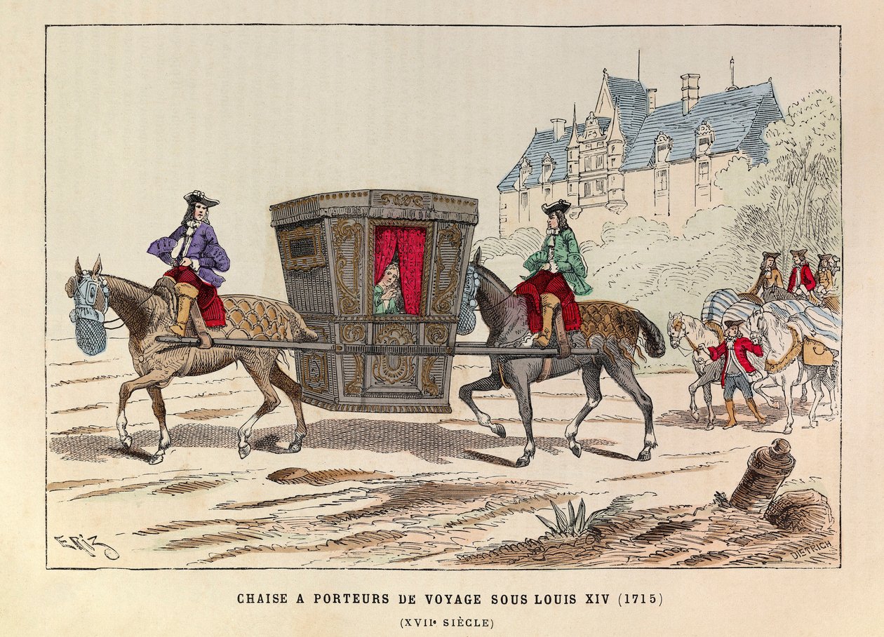 Une chaise à porter de voyage sous le reign du roi Louis XIV (1715) - Sedan stol båret af heste under kong Louis XIV af Frankrigs regeringstid af Anonymous Anonymous