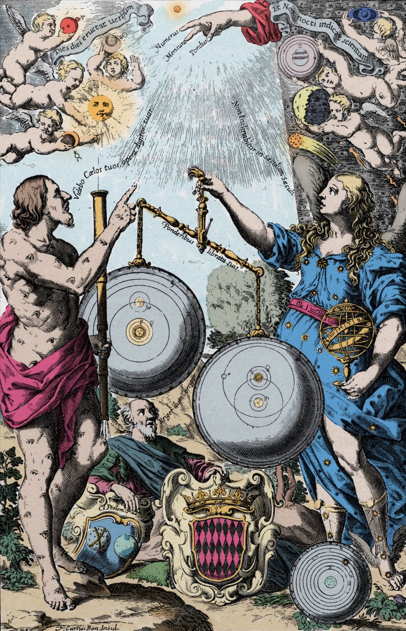 Urania, Astronomiens Muse repræsenteret foran Argus, der holder et teleskop. De vejer og sammenligner Copernicus-systemet (til venstre) og Jesuites. Giovanni Riccioli inspirerer fra Tycho Brahes (som kombinerer Ptolemæs geocentriske visioner) af Anonymous Anonymous