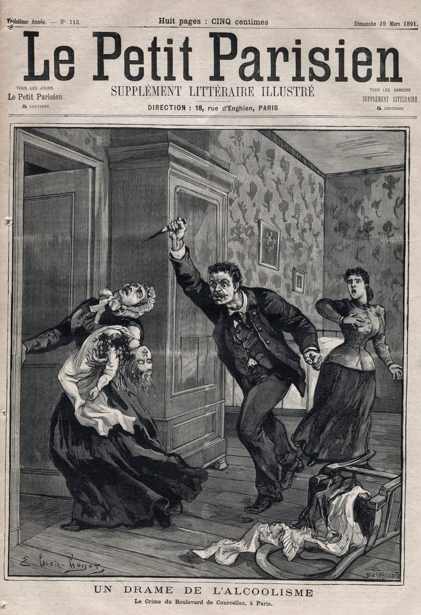 Forskellige fakta: et drama om alkoholisme - Le crime du Boulevard de Courcelles i Paris - Indgravering i "Le petit Parisien"" fra 1891 - Privat samling af Anonymous Anonymous