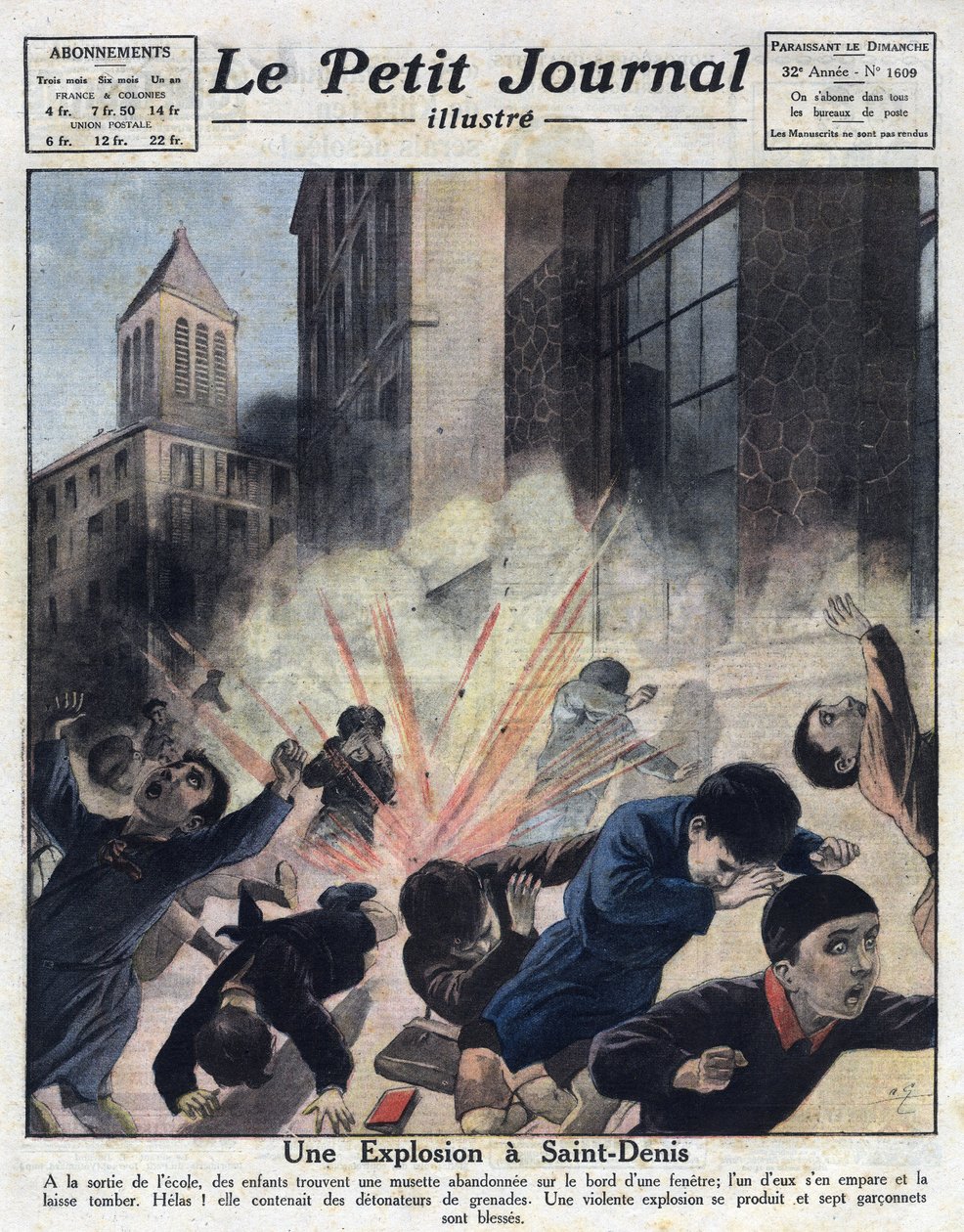 Forskellige fakta: en eksplosion fremkaldt af granatdetonatorer i en forladt musette leget med børn efter at have forladt en skole i Saint Denis. Illustration taget fra "" Le petit journal illustrious"" af 23/10/1921. Privat samling af Anonymous Anonymous
