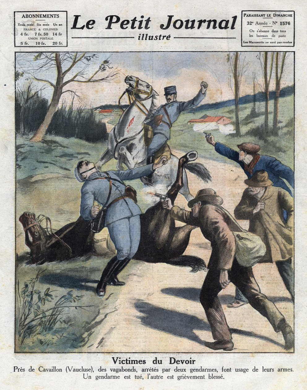 Forskellige fakta: mord på to gendarmer af omstrejfende kriminelle på vejen til Cavaillon i Vaucluse. Illustration taget fra "" Le petit journal"" af 06/03/1921. Privat samling af Anonymous Anonymous