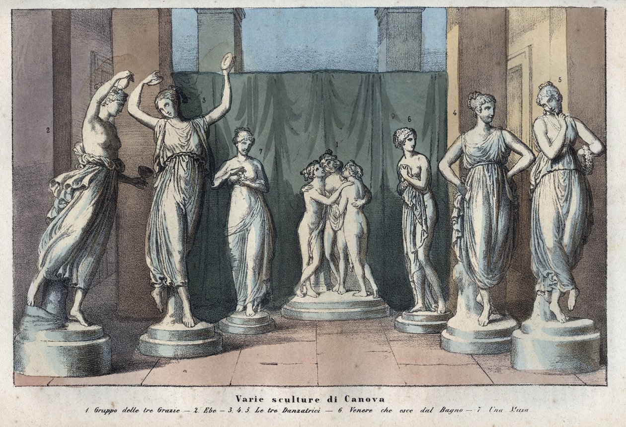 Forskellige skulpturer af Canova - De Tre Gracer - Hebe - De Tre Gracer Danser - Venus Italica - Muse - indgravering fra "" Skikke og traditioner for alle universets folk. Det er historien om regeringen, lovene, militsen, om alles religion af Anonymous Anonymous