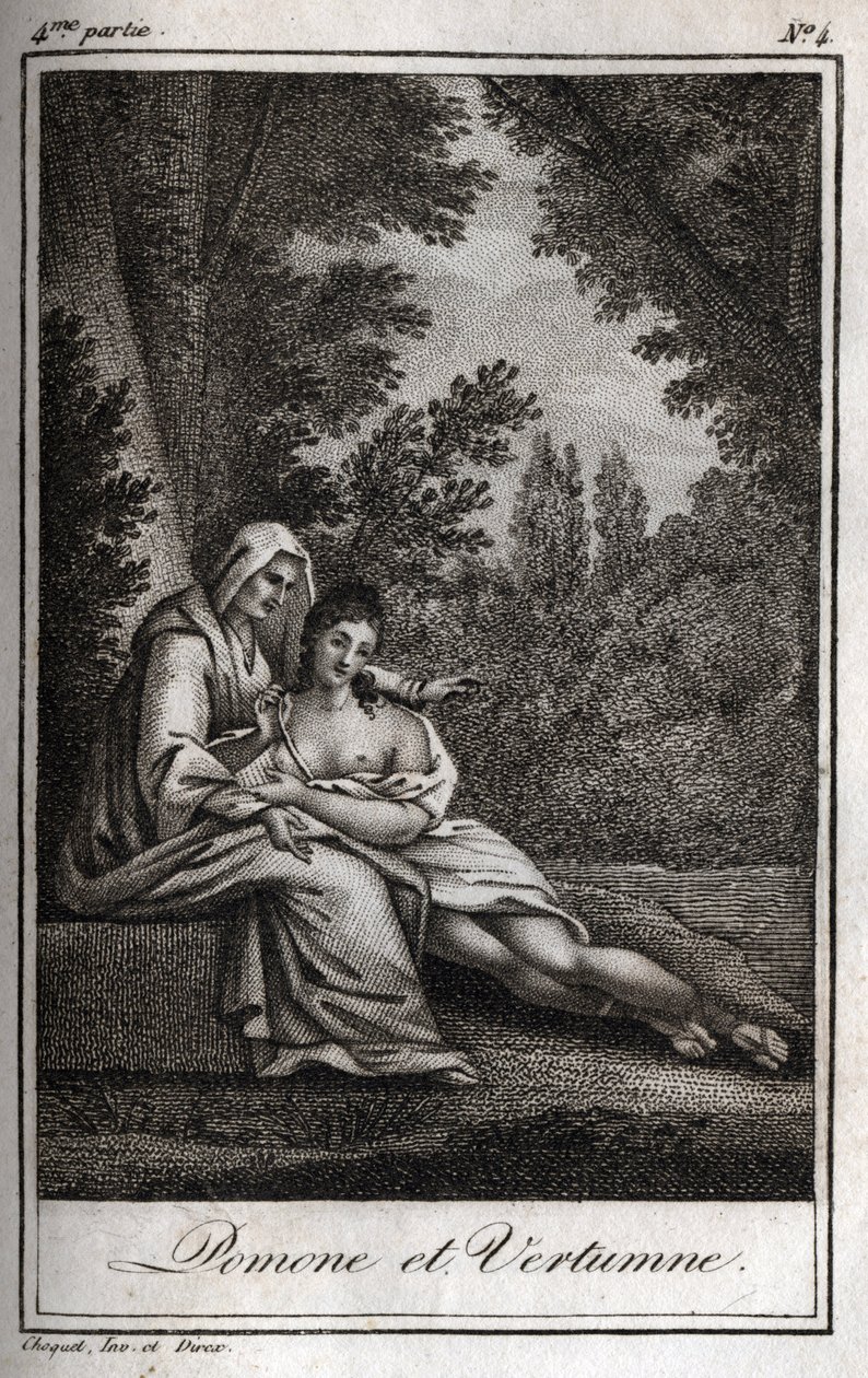 Vertumne og Pomone (Jupiter og Ceres): Vertumne, forelsket i nymfen Pomone, forklæder sig som en gammel kvinde for at henvende sig til hende. Stik fra 1819 i "Lettres a Emilie sur la mythologie" af Charles Albert Demoustier (1760-1801). Privat samling. af Anonymous Anonymous