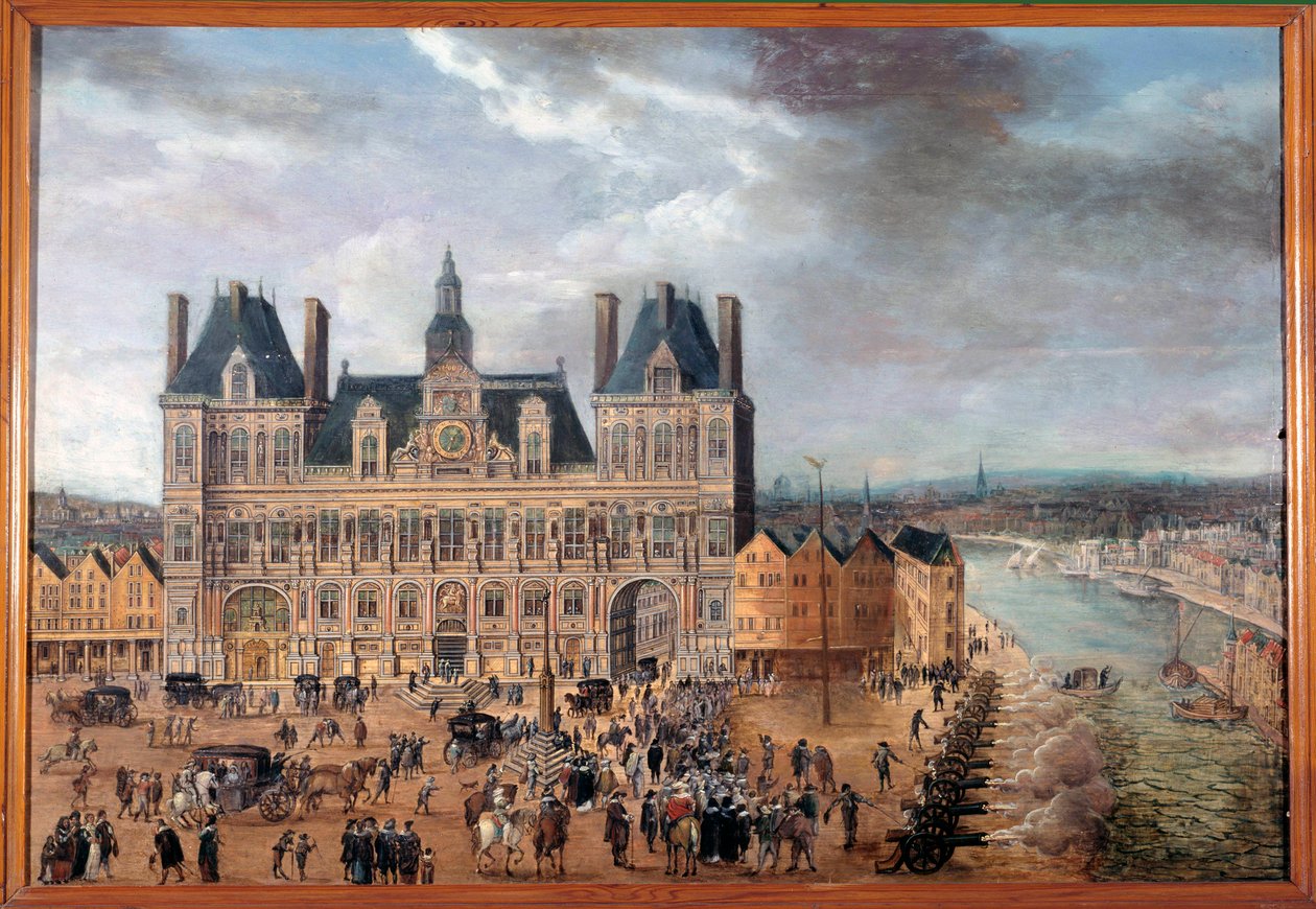 Udsigt over Place de Greve og rådhuset i Paris under en offentlig fest omkring 1640 Anonymt maleri, olie på træ af Anonymous Anonymous