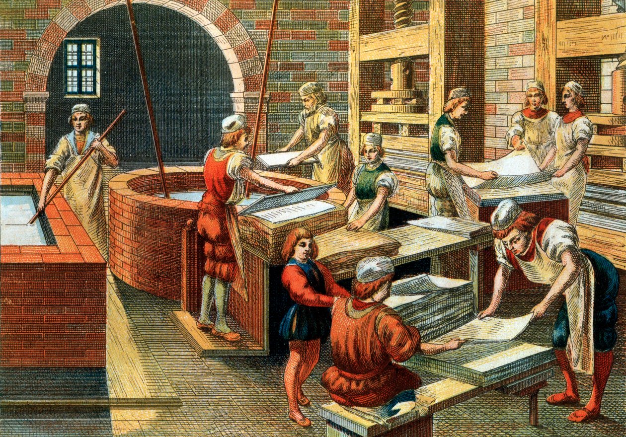 Udsigt over et papirfremstillingsværksted i Fabriano i det 16. århundrede, Italien. De forskellige trin. Illustration. Privat samling - Et papirfremstillingsværksted i Fabriano (Italien) af Anonymous Anonymous