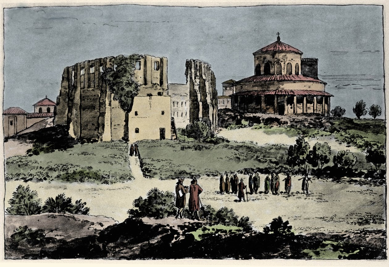 Udsigt over Santa Constance-kirken (nza), kejser Konstantins mausolee bygget i det 4. århundrede nær basilikaen St. Agnese (Agnese) i Rom Illustration af det 19. århundrede af Anonymous Anonymous