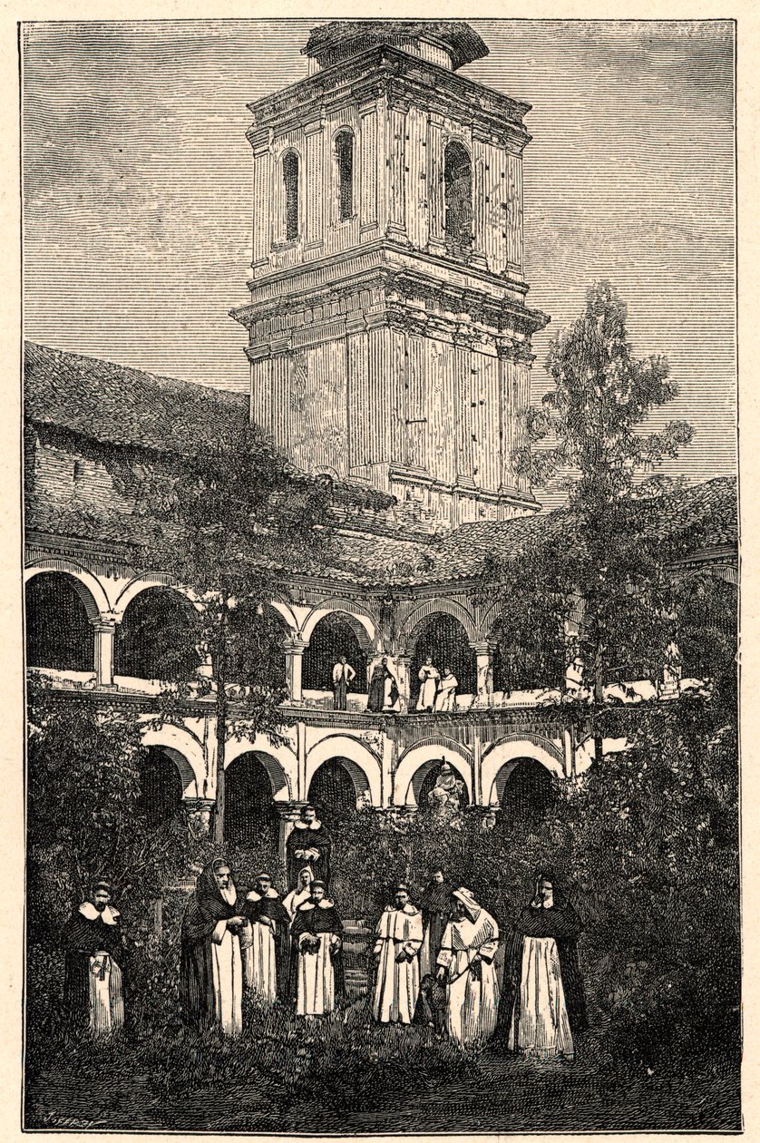 Udsigt over det dominikanske kloster i Quito, Ecuador. Indgravering i "The Catholic Missions in the XIXth Century"" af Louis-Eugene (Louis Eugene) Louvet. privat samling. af Anonymous Anonymous