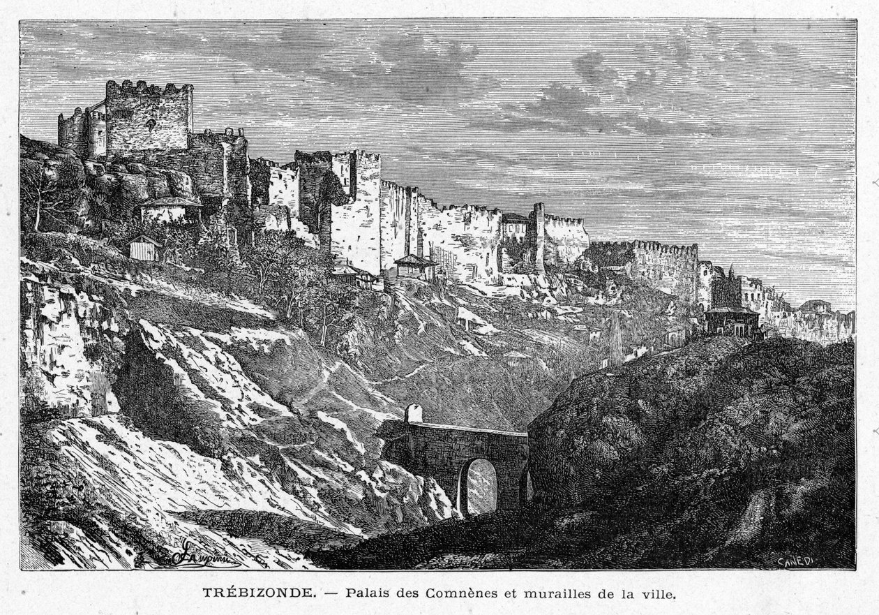 Udsigt over Palais des Comes og væggene i byen Trebizonde (Tyrkiet). Indgravering i "Les Missions Catholiques au XIXeme Siecle"" af Louis-Eugene (Louis Eugene) Louvet. privat samling. af Anonymous Anonymous
