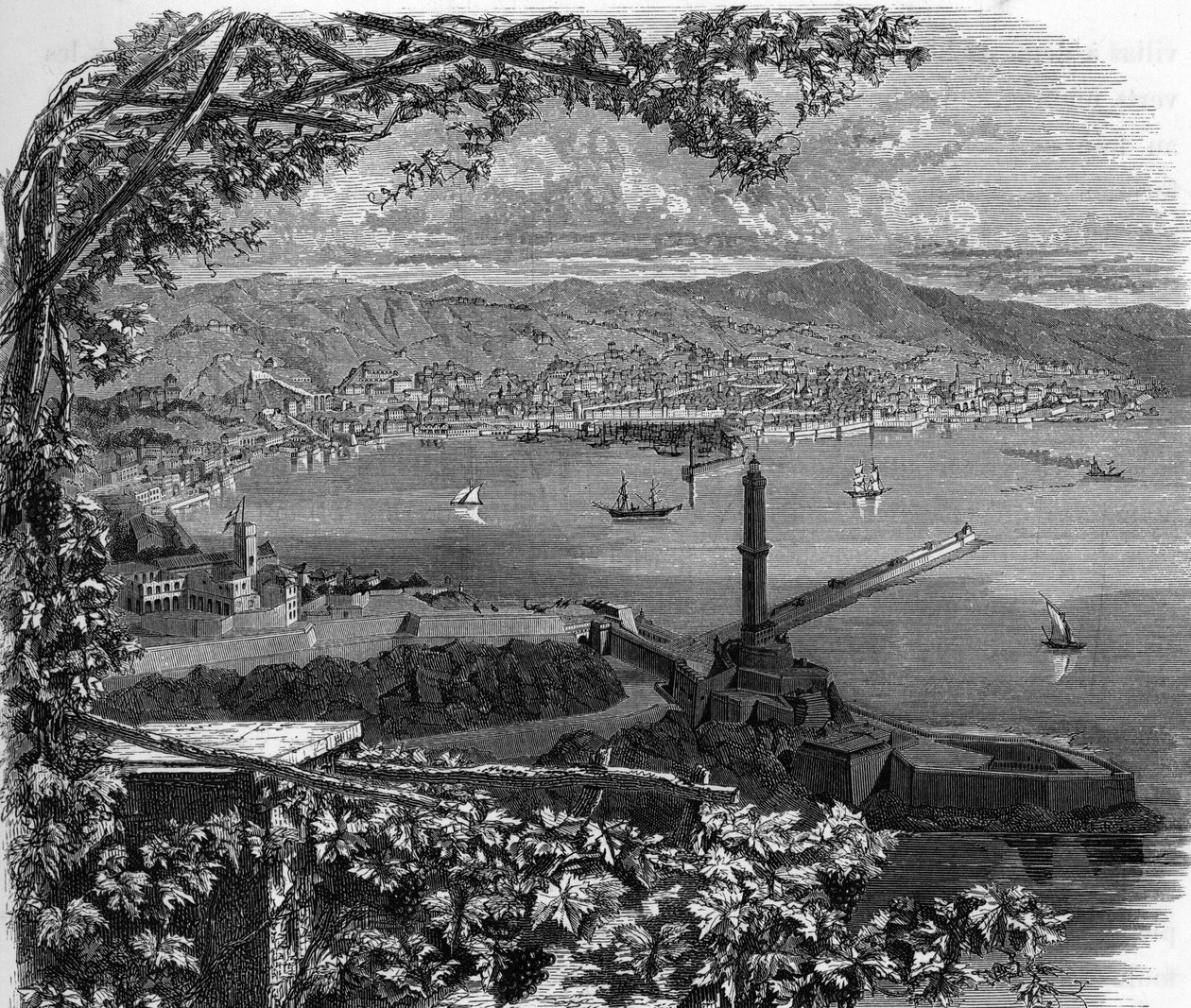 Udsigt over byen Genes (Genova), Italien. gravering af 1859 i "" gallerierne i Europa - Italien"" af armengaud. Privat samling. af Anonymous Anonymous