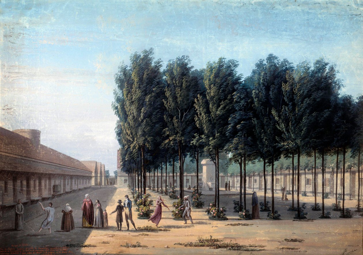 Udsigt over Paisibles gårdhave på hospice Bicetre. De sindslidendes gang på Hospitalet i 1824. Anonym gouache. Paris, Musée Carnavalet af Anonymous Anonymous