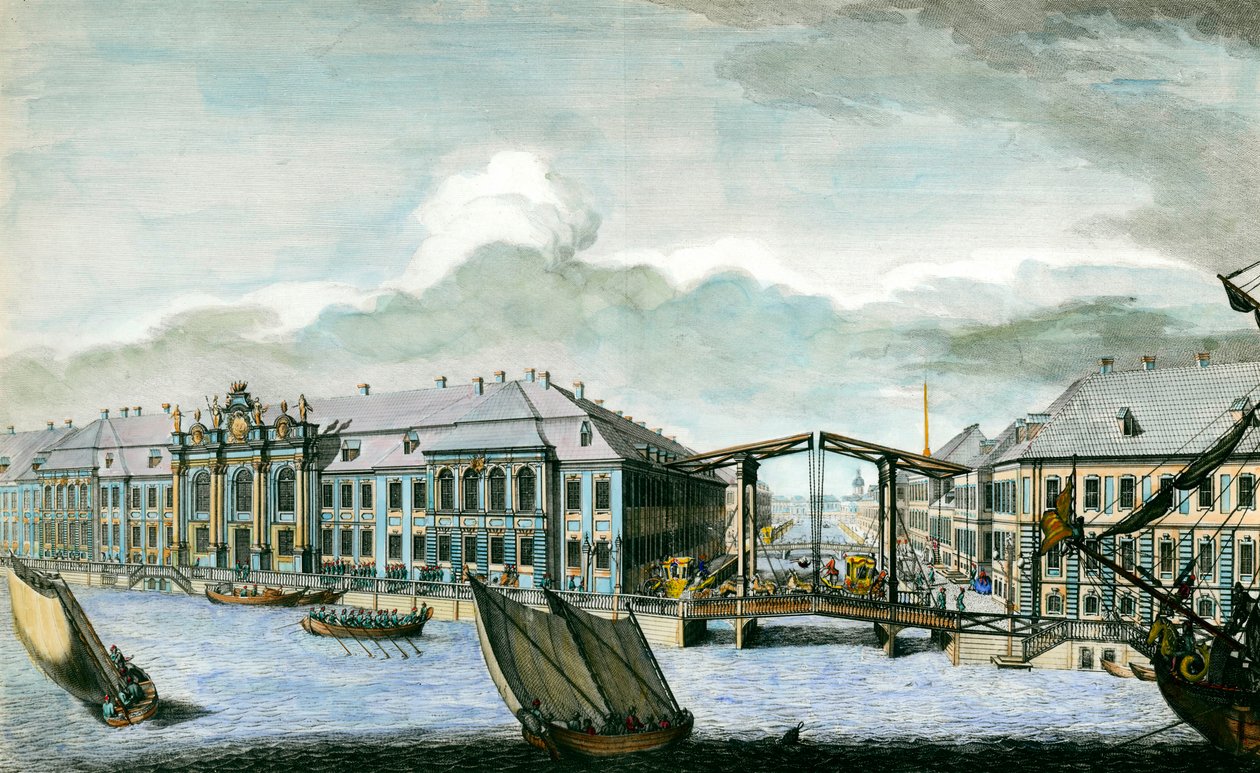Udsigt over det tidligere vinterpalads ved Moika og Neva-kanalen i Sankt Petersborg gravering fra det 18. århundrede. Sankt Petersborg, Eremitagebiblioteket af Anonymous Anonymous