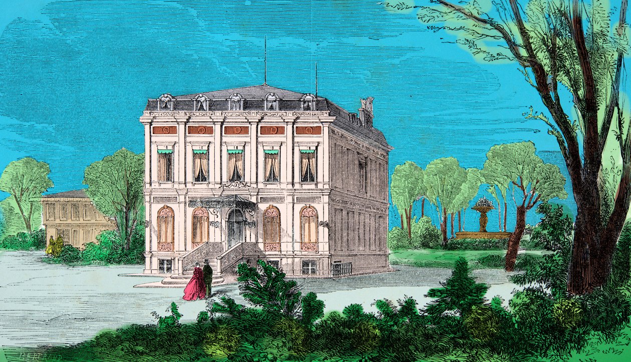 Udsigt over huset til Gioachino (Gioacchino, Giovacchino) Rossini (1792-1868) i Passy au Bois de Boulogne, gravering, privat samling af Anonymous Anonymous