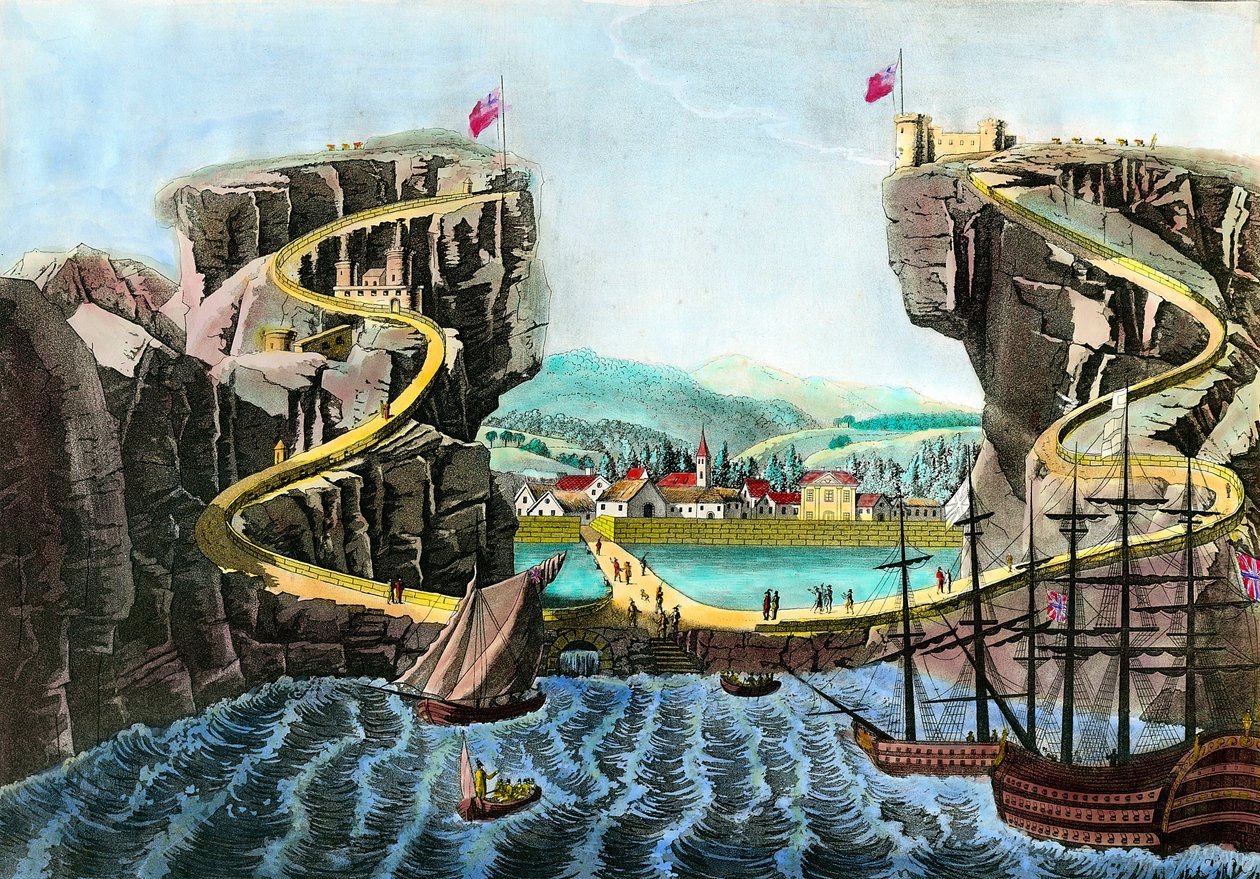 Udsigt over øen Sainte Helene taget nær Fort Saint James Gravure fra det 19. århundrede. Privat samling af Anonymous Anonymous