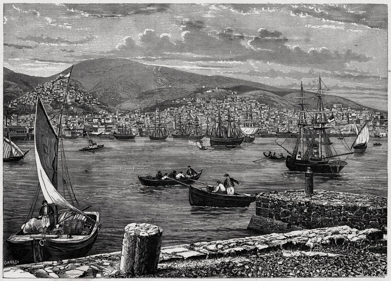 Udsigt over øen Syra i Grækenland. Indgravering i "The Catholic Missions in the XIXth Century"" af Louis-Eugene (Louis Eugene) Louvet. privat samling. af Anonymous Anonymous