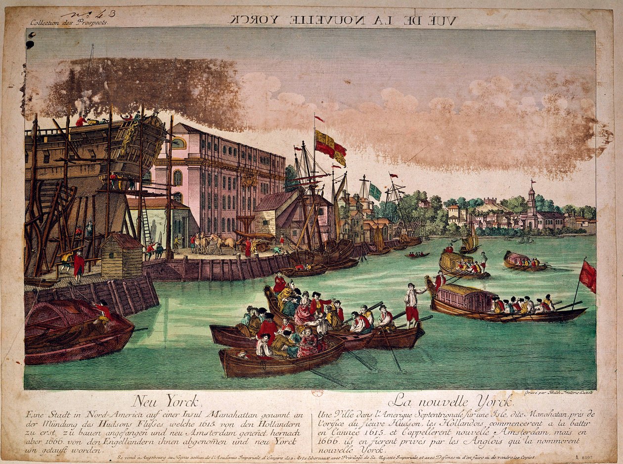 Udsigt over havnen i byen New York (New York) i USA, til venstre et skibsværft. Mundingen af Hudson River og Manhattan Island. Stik af det 18. århundrede. Privat samling af Anonymous Anonymous