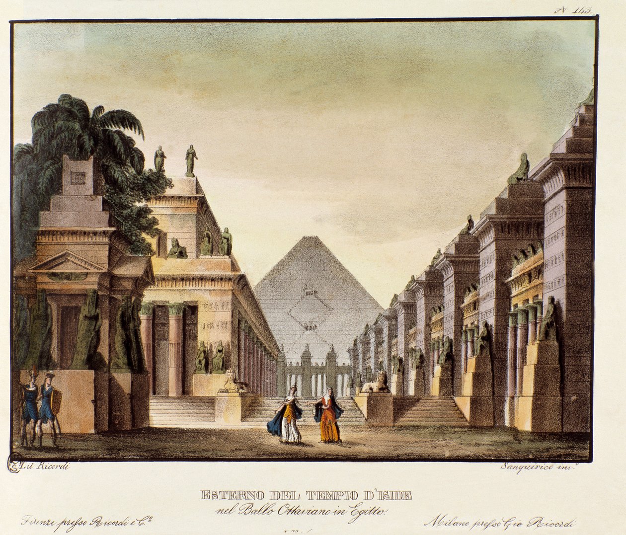 Udsigt over Isis-templet Scenografi til balletten "" Octavian in Egypt "" af den italienske koreograf Giovanni Galzerani (1780-1865) (1828). Litografi i "" Samling af naturskønne opfindelser fra 1830 af Alessandro Sanquirico (1777-1849) ". Milanese uden af Anonymous Anonymous