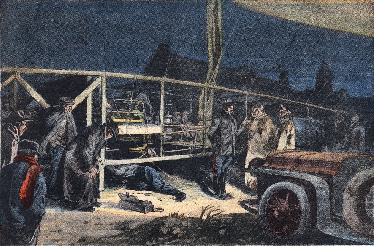 Ville de paris luftskib havari i Valmy. Gravering fra avisen "" Le Peute Parisien"", 2/02/1908. Privat samling. af Anonymous Anonymous