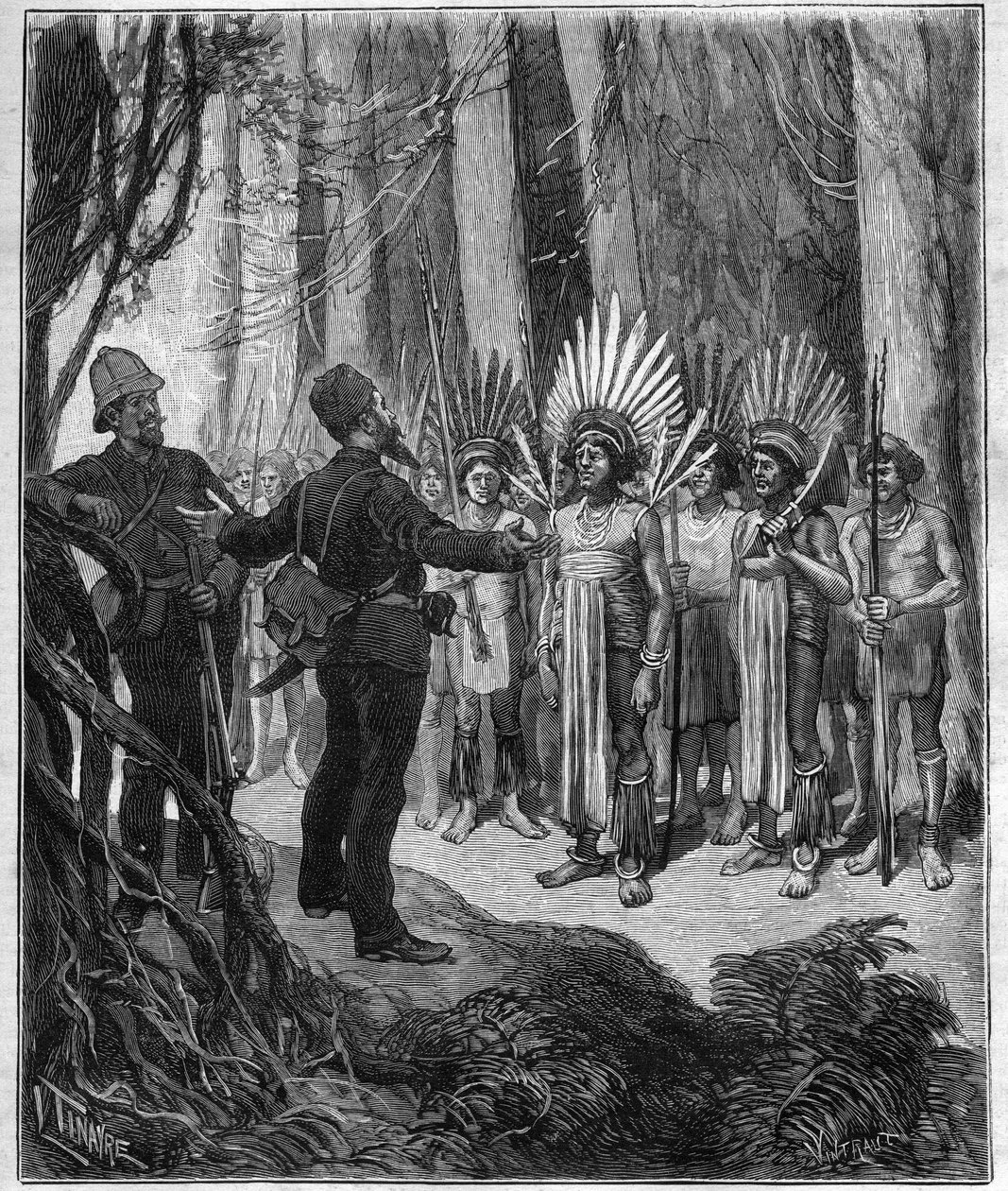 Voyage of Henri Coudreau (1859-1899), professor i geografi og opdagelsesrejsende i det indiske territorium Guyana - han modtog fra Roucouyan-kokke - indgravering i "Journal des voyages" fra 1889. af Anonymous Anonymous
