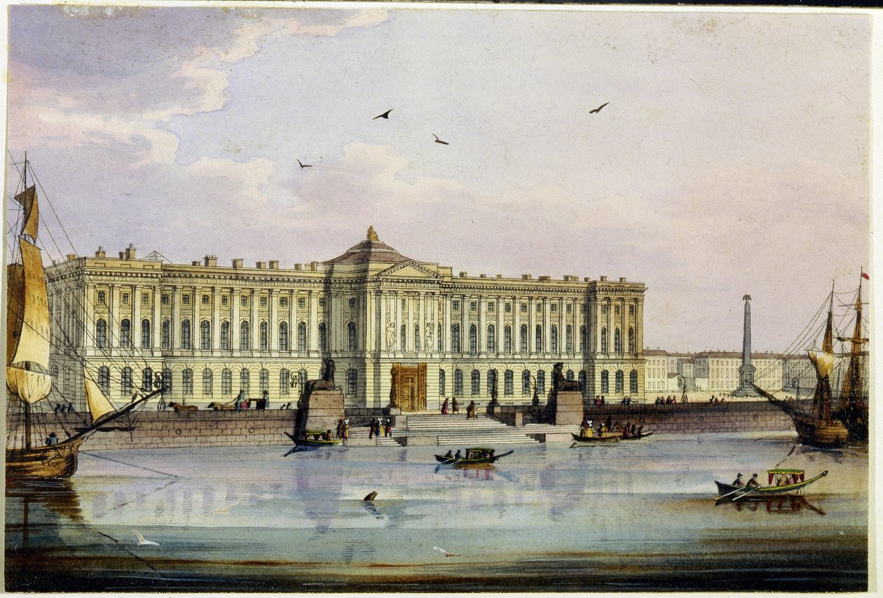 Udvendigt billede af Imperial Academy of Fine Arts (fine arts) i Sankt Petersborg (Album of Marie Taglioni). (The Imperial Academy of Arts in Saint Petersburg (Album of Marie Taglioni). Anonym radering og akvarel, 1840