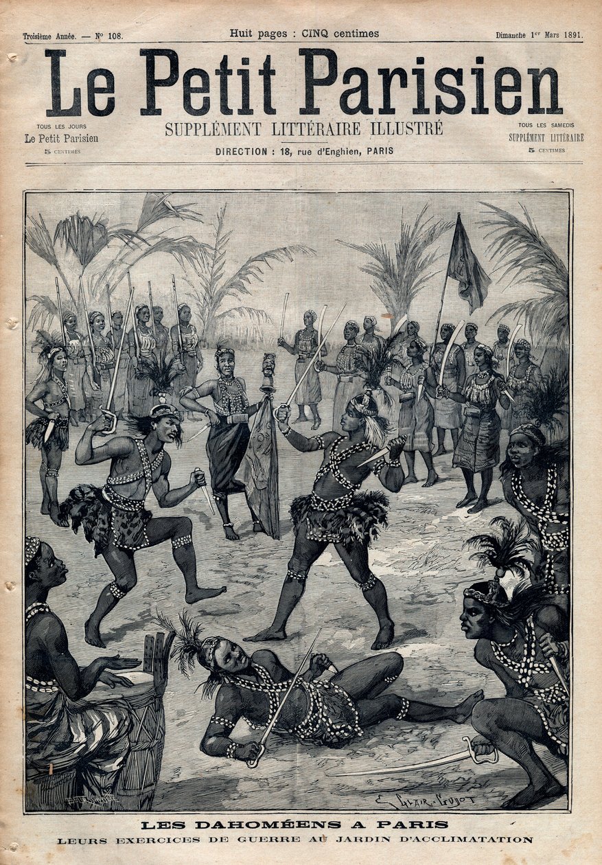 Krigsøvelser: Amazoner, krigere og feticheurs dahomeens (nu Benin) fra akklimatiseringens have i Paris (Human Zoo). Stik i "" Le petit Parisien"" fra 1891. Privat samling. af Anonymous Anonymous