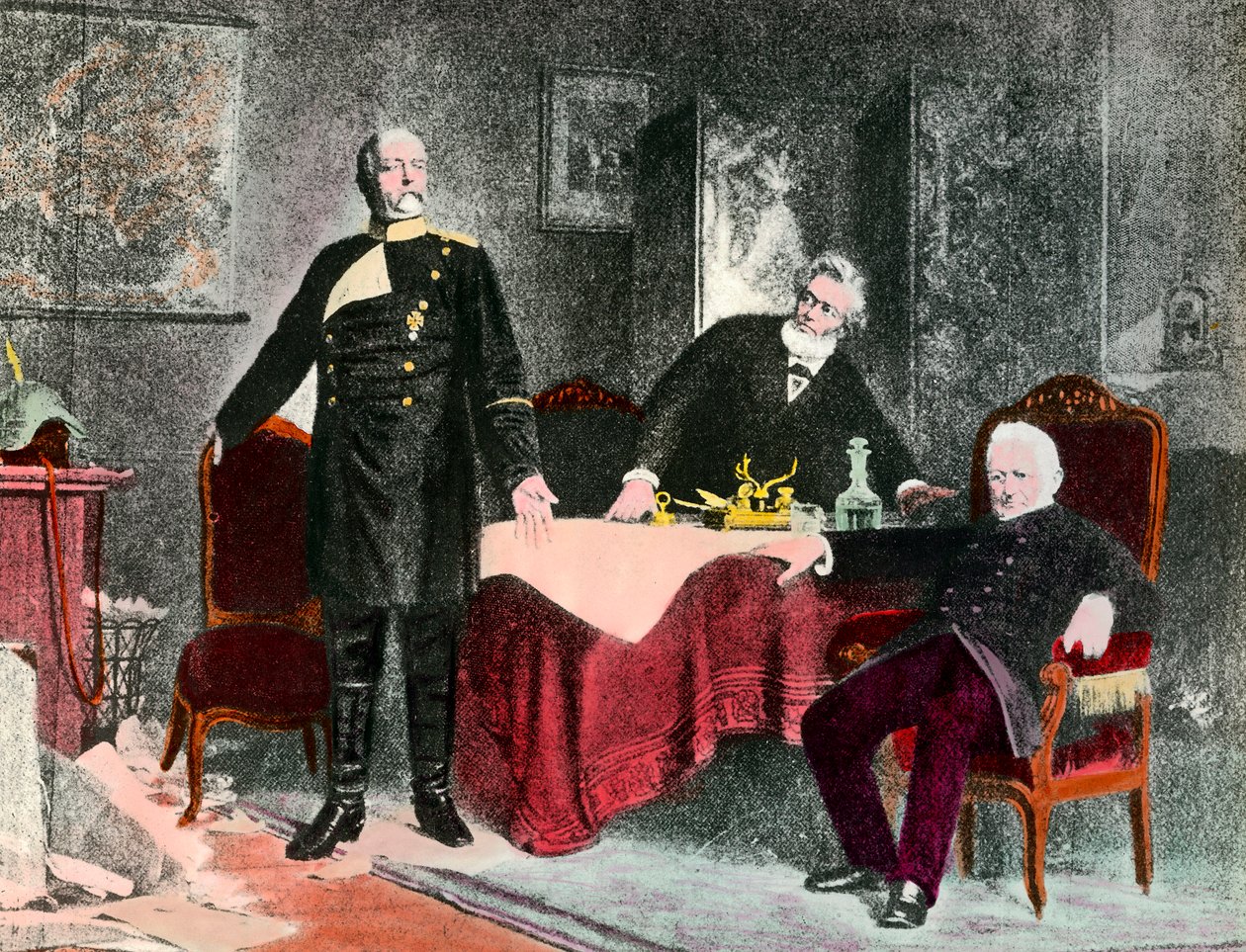 Krigen i 1870: politisk interview mellem kansler Bismarck (1815-1898), Jules Favre (1809-1880) og Adolphe Thiers (1797-1877). Stik omkring 1870. Privat Samling af Anonymous Anonymous