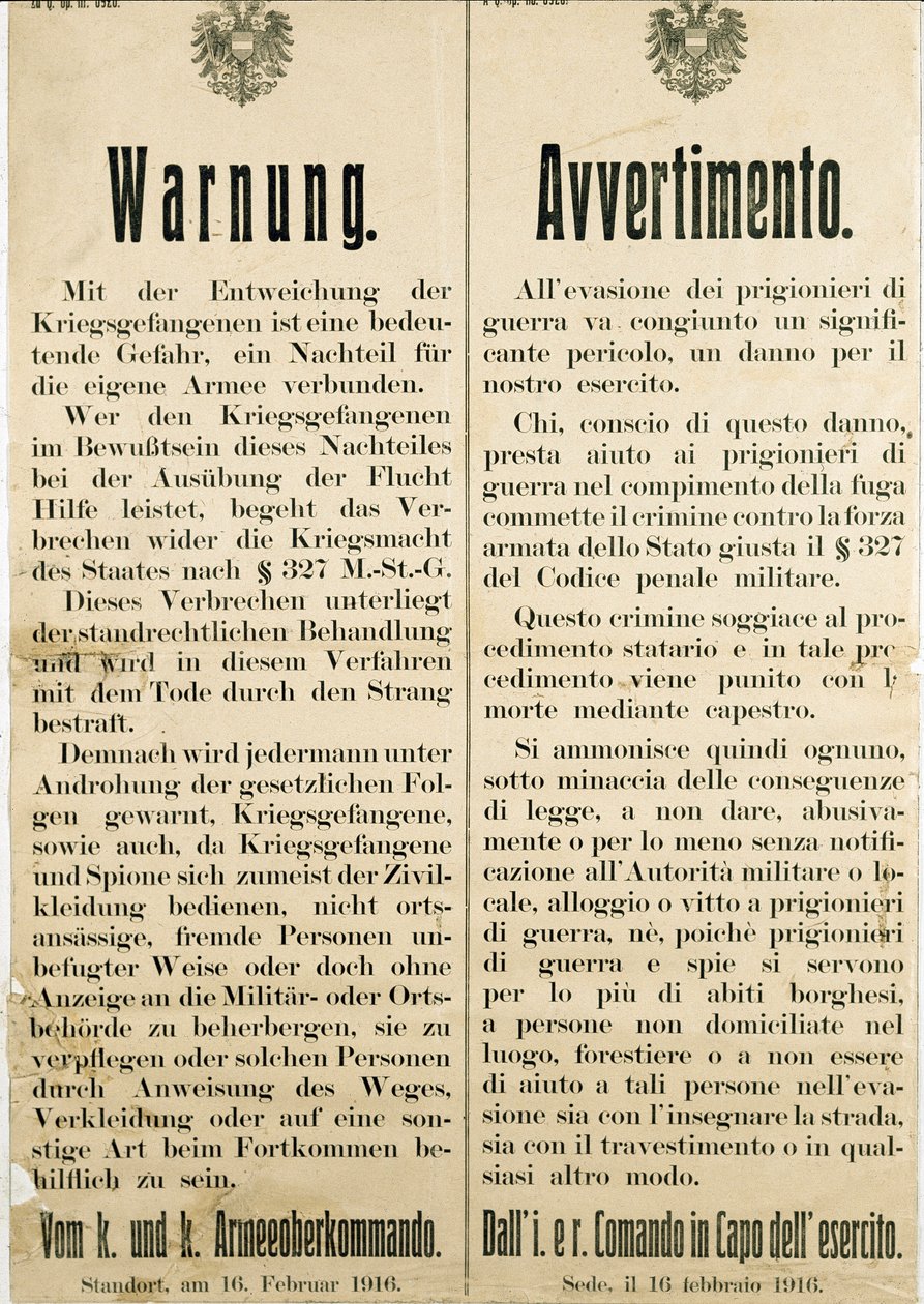 Advarsel efter flugten af italienske krigsfanger den 16. februar 1916, der bad den østrigske befolkning om ikke at hjælpe dem (gravering af Anonymous Anonymous