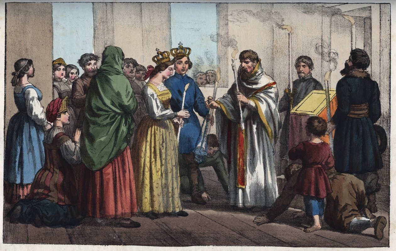 Bryllupper i Rusland i det 18. århundrede - gravering fra "" Skikke og skikke for alle folk i universet. Det vil sige historien om regeringen, lovene, militsen, om alle nationers religion fra de fjerneste tider til i dag "1856 af Anonymous Anonymous