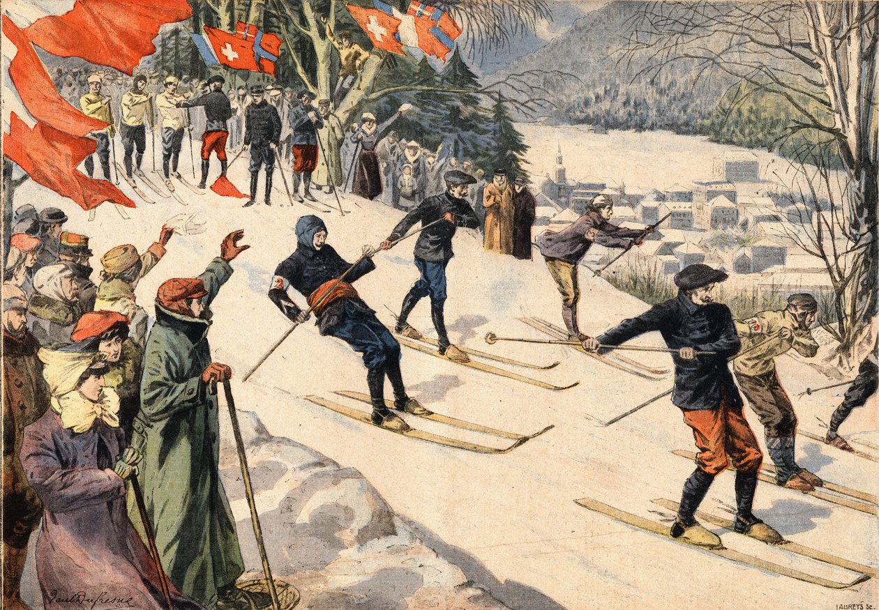 Vintersport: Skikonkurrence i Chamonix i Haute Savoie i Alperne, Frankrig. Schweiziske og franske flag opmuntrer skiløbere. Gravering fra avisen "" Le Petite Parisien"" af Anonymous Anonymous