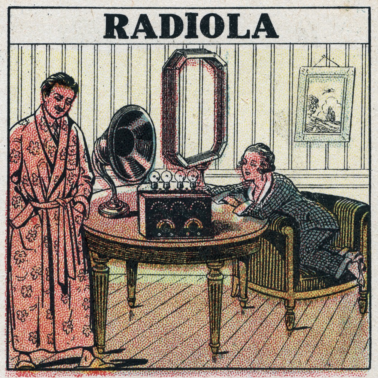 Trådløs telefoni: Radiola radiosæt. Anonym illustration fra 1925. Privat samling. af Anonymous Anonymous