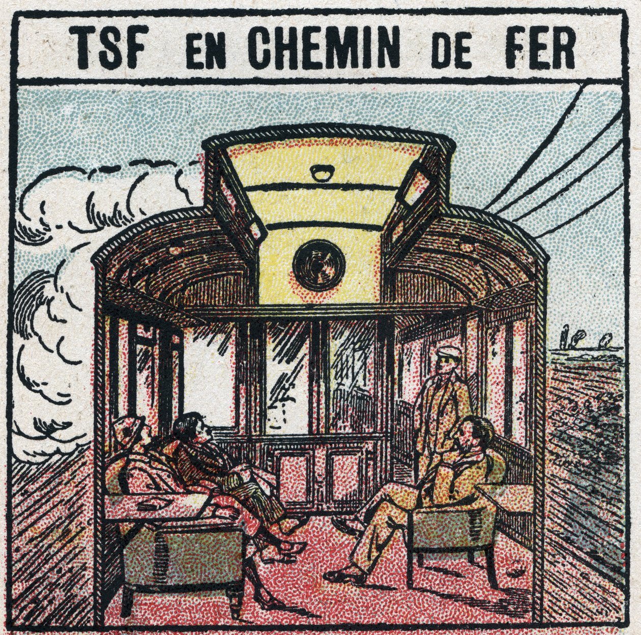Trådløs telefoni: T.S.F. i en jernbanevogn. Anonym illustration fra 1925. Privat samling. af Anonymous Anonymous