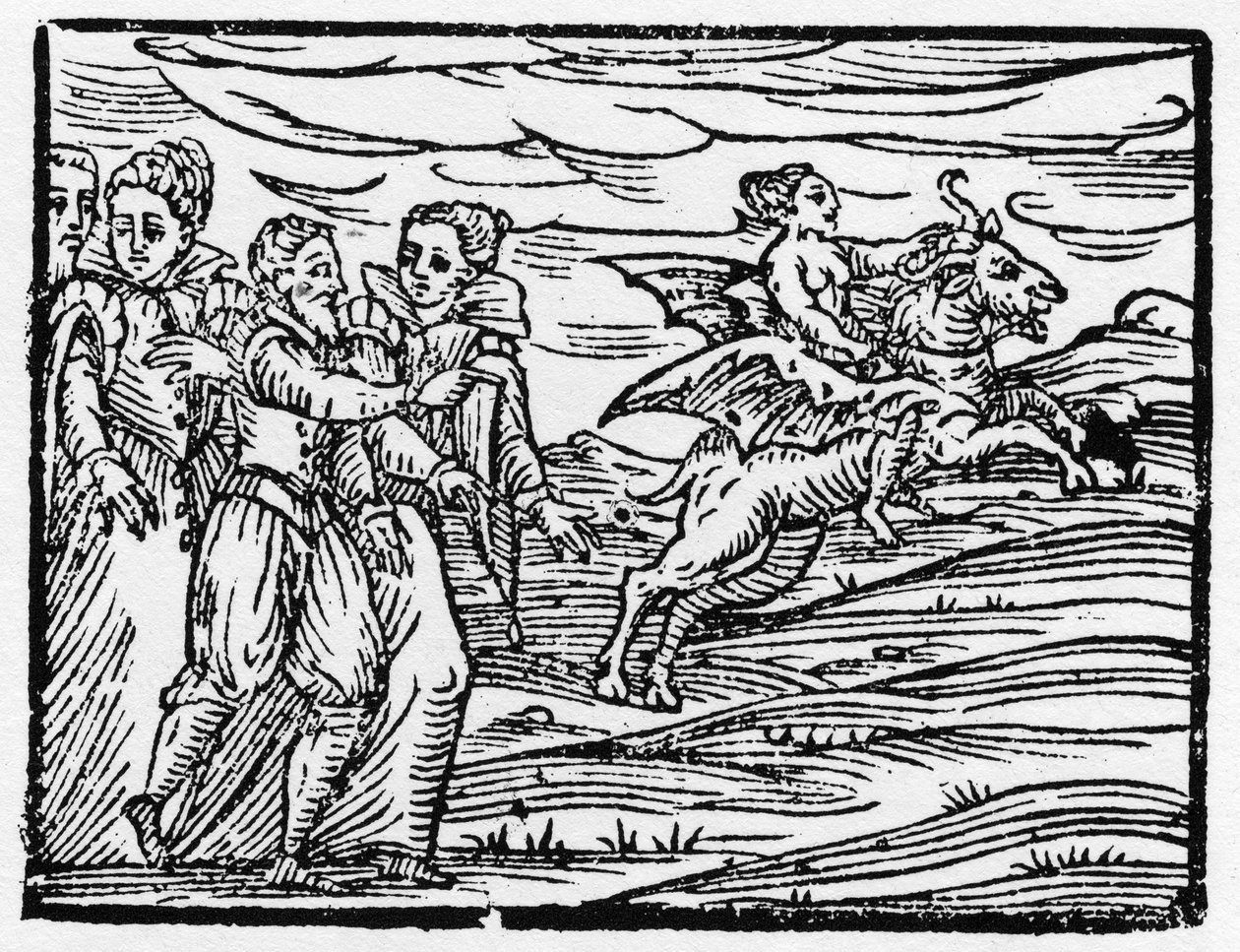 Heks rider på en ged - "" Compendium Maleficarum"", handler om hekse, deres ondskab og deres sortileges af Francesco Maria Guazzo eller Guaccio eller Guaccius (15?? -16??) 1608 privatsamling af Anonymous Anonymous