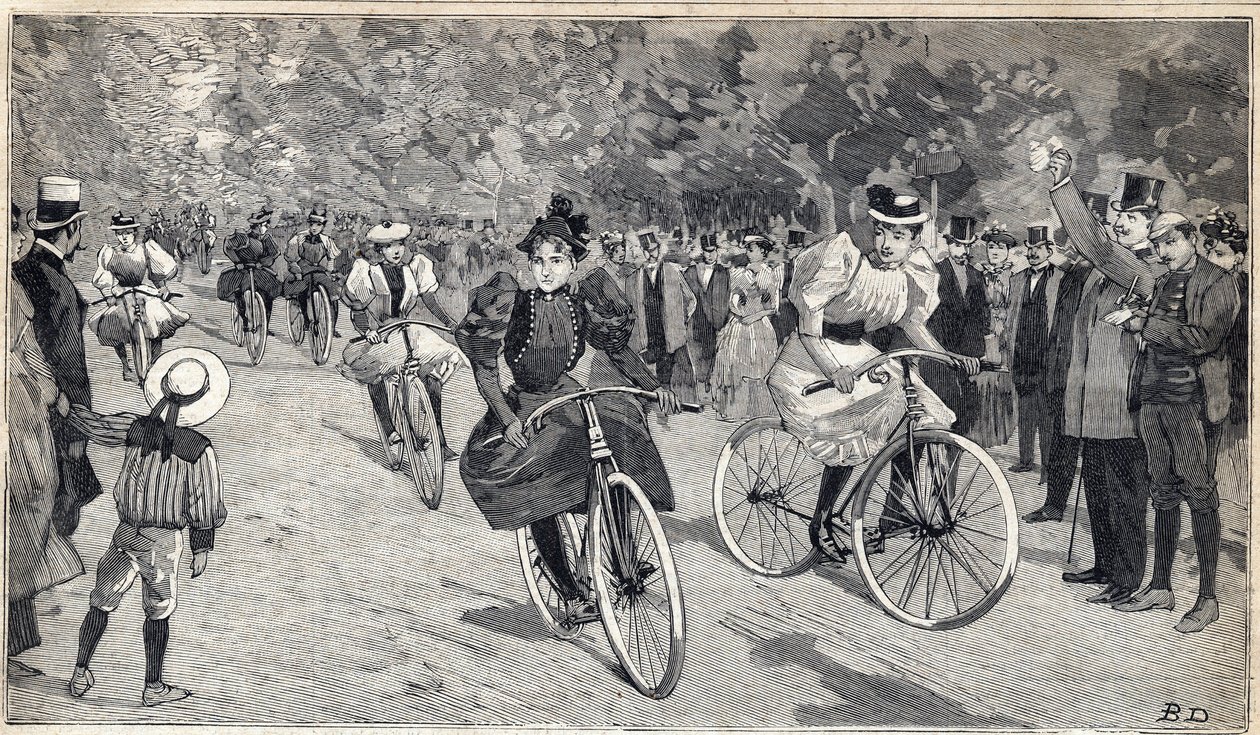 Kvinders race af velocipedists ved Bois de Boulogne nær Paris. Indgravering i "" Le Petit Parisien"" den 25/06/1893. af Anonymous Anonymous