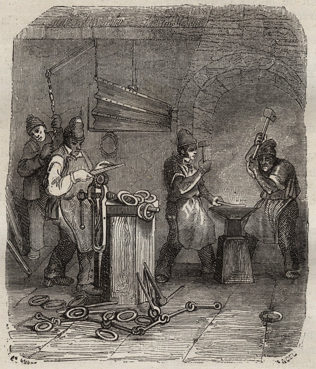 Arbejderstyrker ved Rochefort Bagne i det 19. århundrede. Indgravering i "Fangernes historie fra deres skabelse til i dag"" (1877) af Pierre Zaccone (1817-1895) (Colonia Penale - Straffekoloni). Privat samling. af Anonymous Anonymous